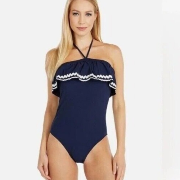 J.Crew Navy Blue Ruffle Bandeau  Textured One Piece Swim Suit - Picture 6 of 7